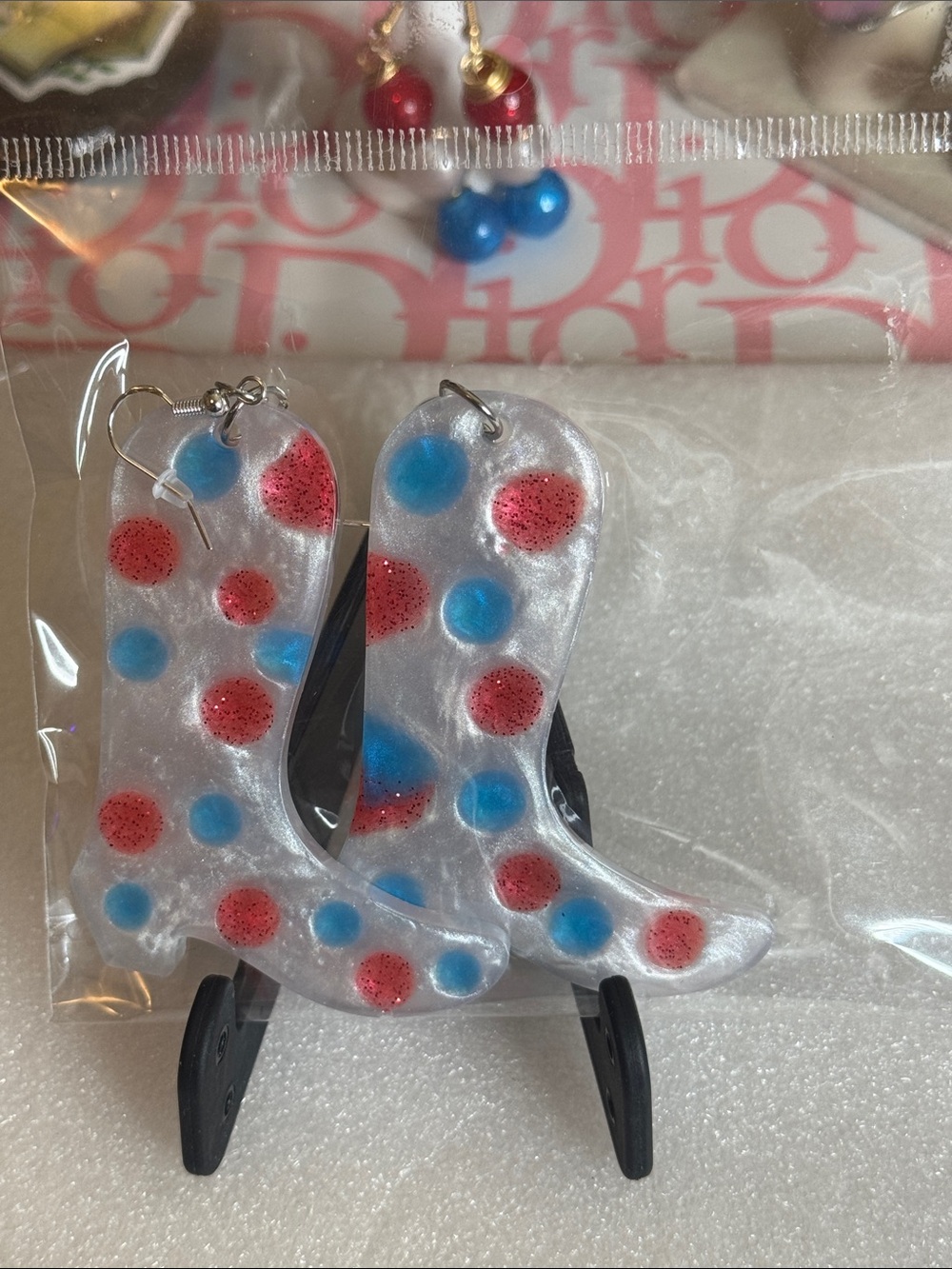 Handmade White Resin Cowboy Boot Earrings with Red and Blue Polka Dots